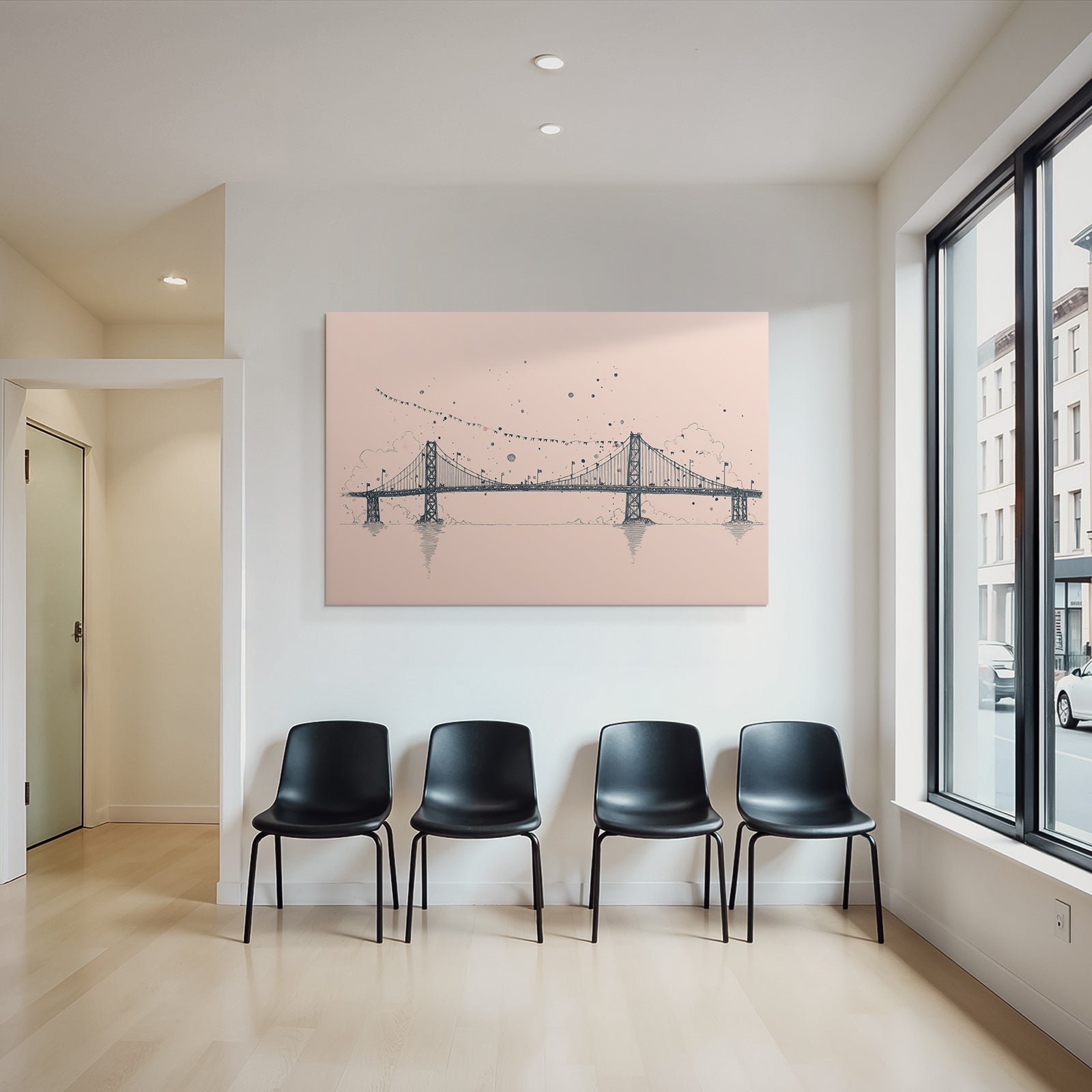 Brücke Kunstvolle Illustration Mit Wolken Fahnen Und Farbklecksen
