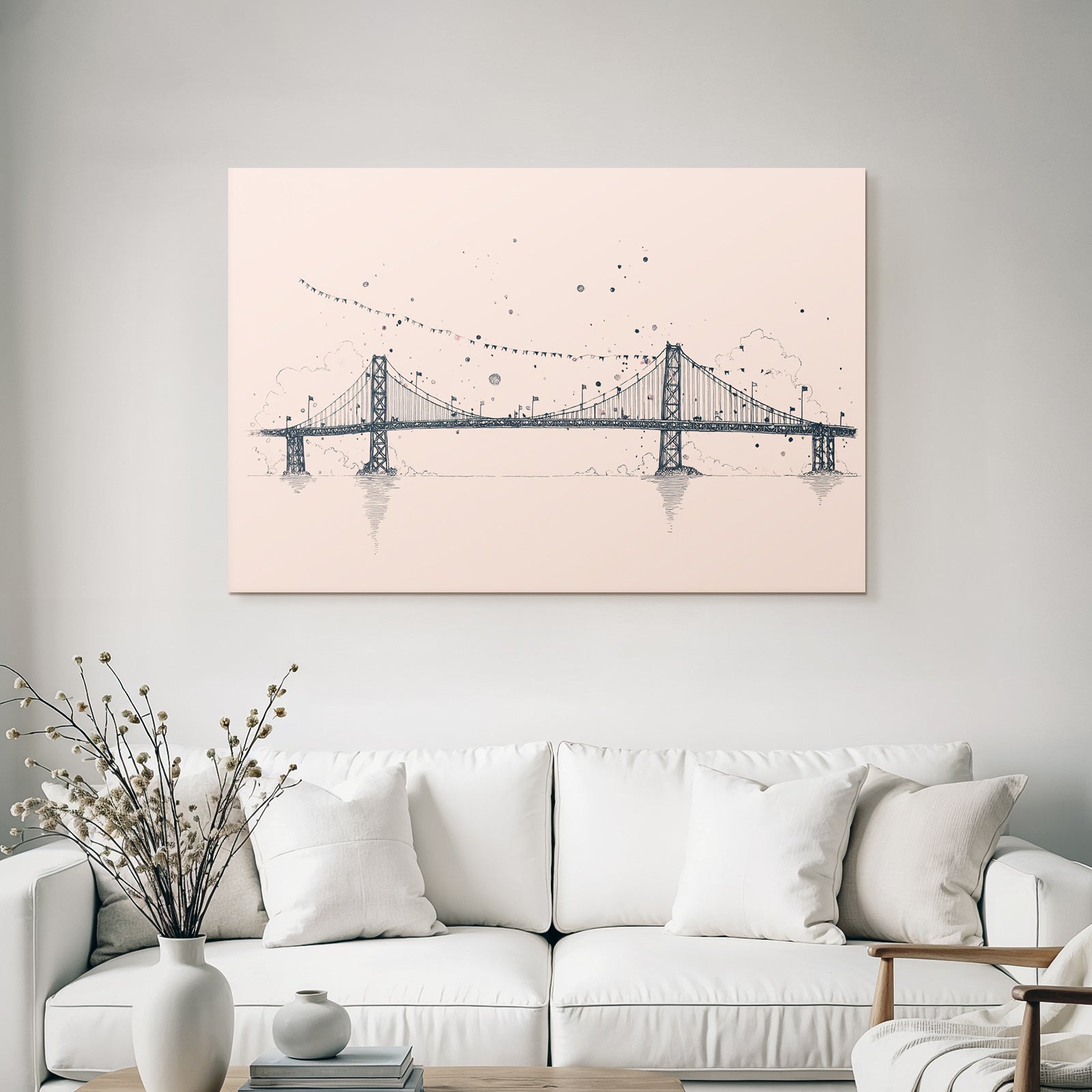 Brücke Kunstvolle Illustration Mit Wolken Fahnen Und Farbklecksen