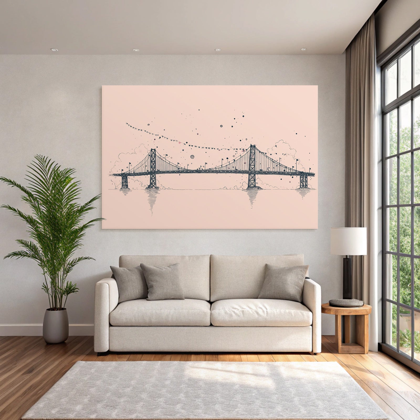 Brücke Kunstvolle Illustration Mit Wolken Fahnen Und Farbklecksen