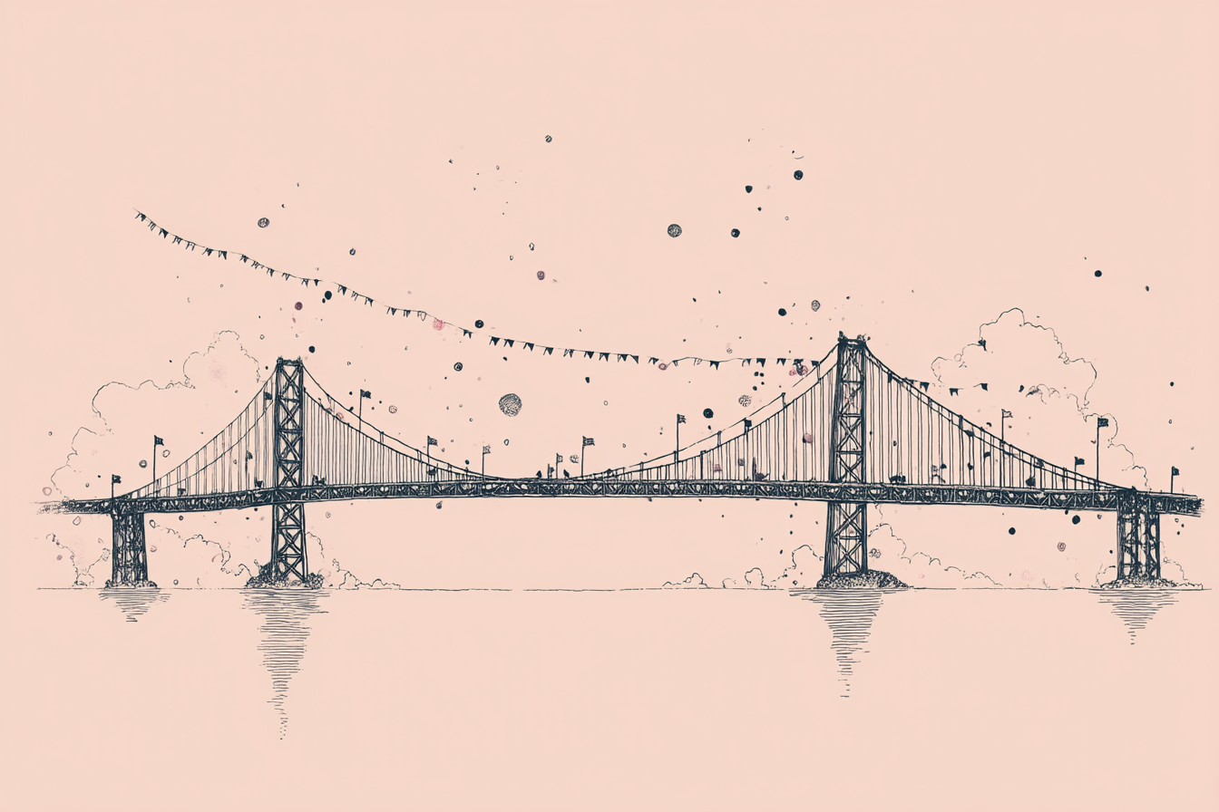 Brücke Kunstvolle Illustration Mit Wolken Fahnen Und Farbklecksen | Illustration und Zeichnung | Kunstgattungen