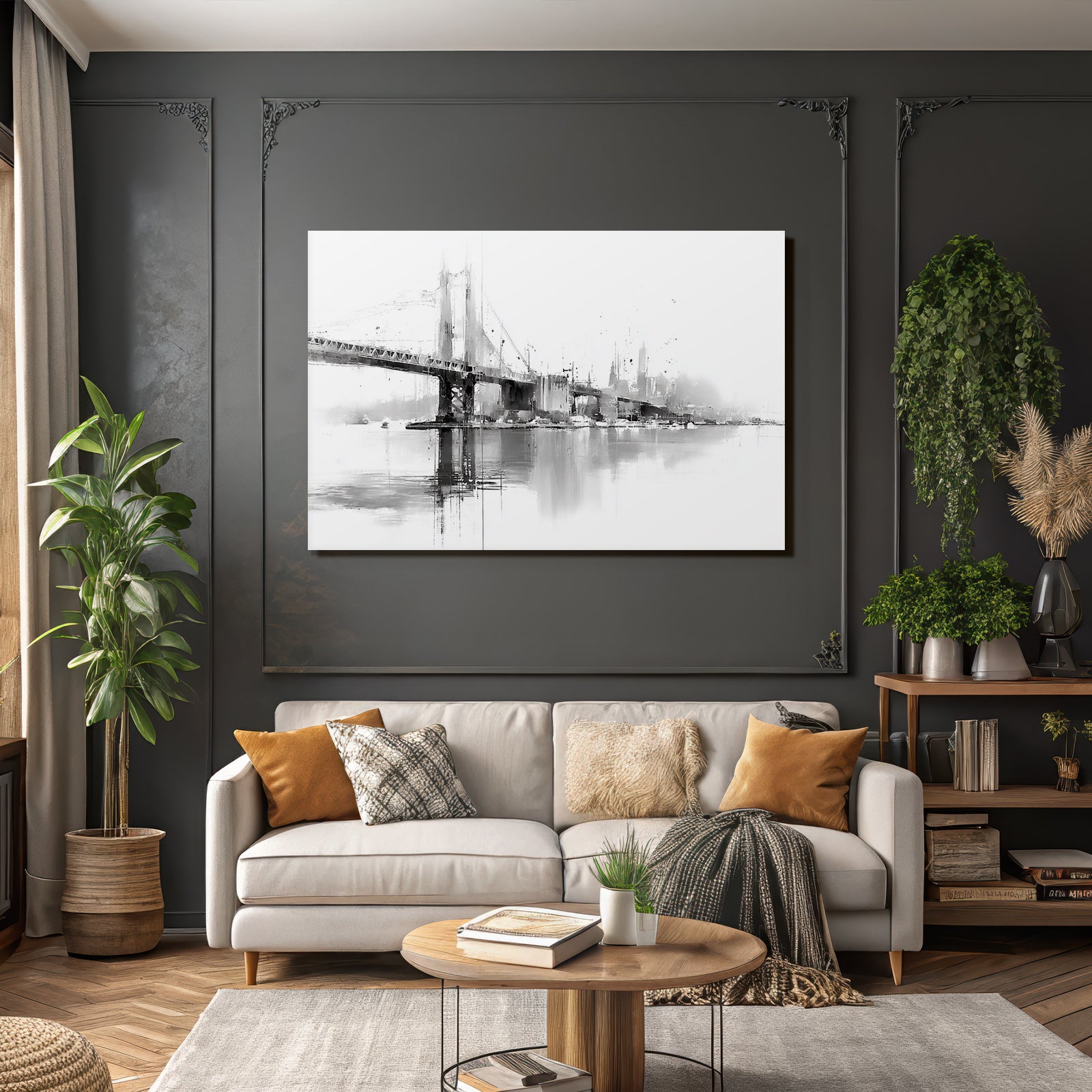 Brücke Und Horizont Schwarz Und Weiß Minimalismus Reflexion