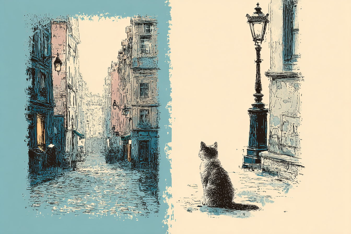 Historische Gaße Und Katze Neben Lampion | Illustration und Zeichnung | Kunstgattungen