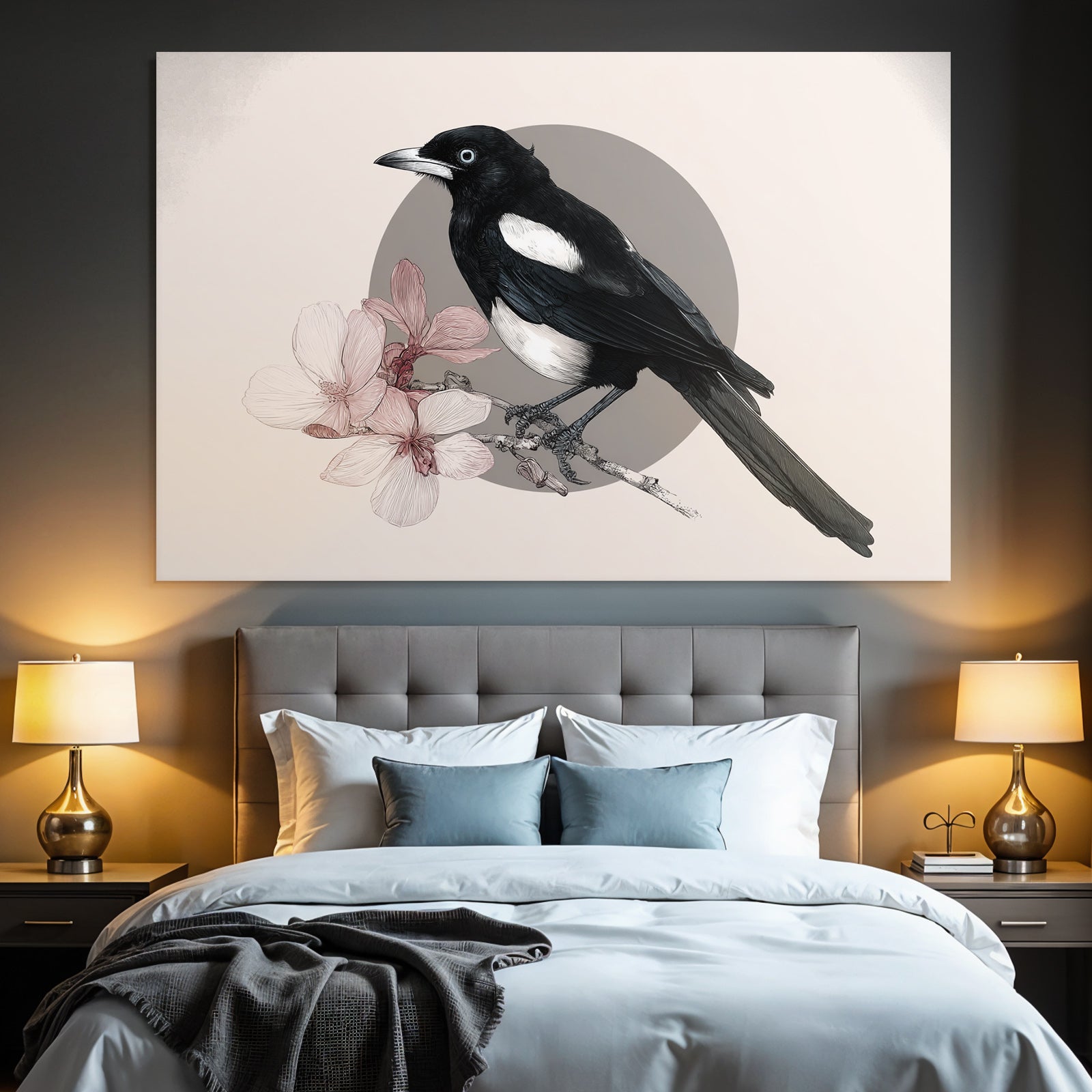 Magpie Auf Einem Ast Mit Rosa Blumen Im Hintergrund