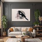 Magpie Auf Einem Ast Mit Rosa Blumen Im Hintergrund