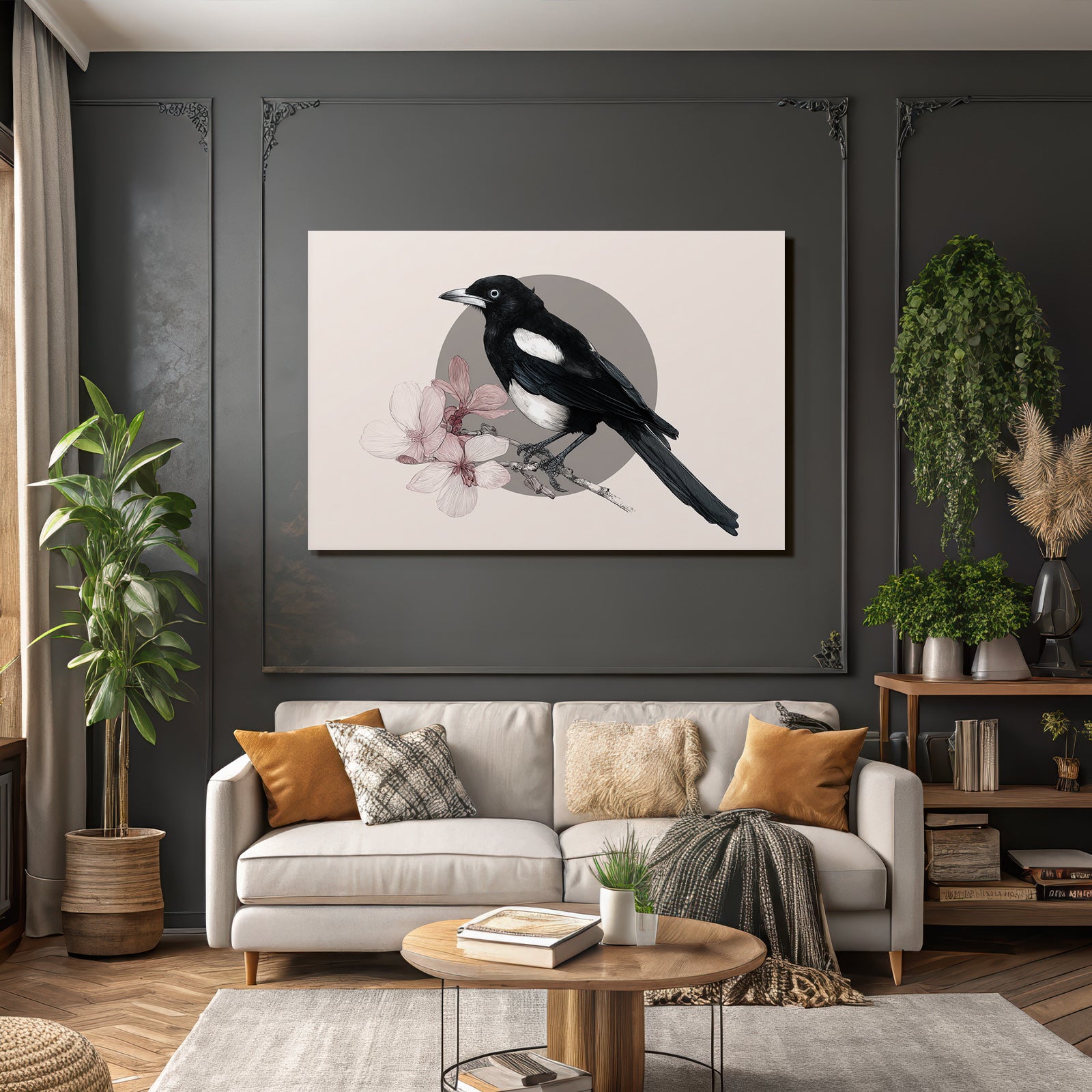 Magpie Auf Einem Ast Mit Rosa Blumen Im Hintergrund