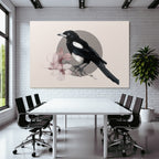 Magpie Auf Einem Ast Mit Rosa Blumen Im Hintergrund