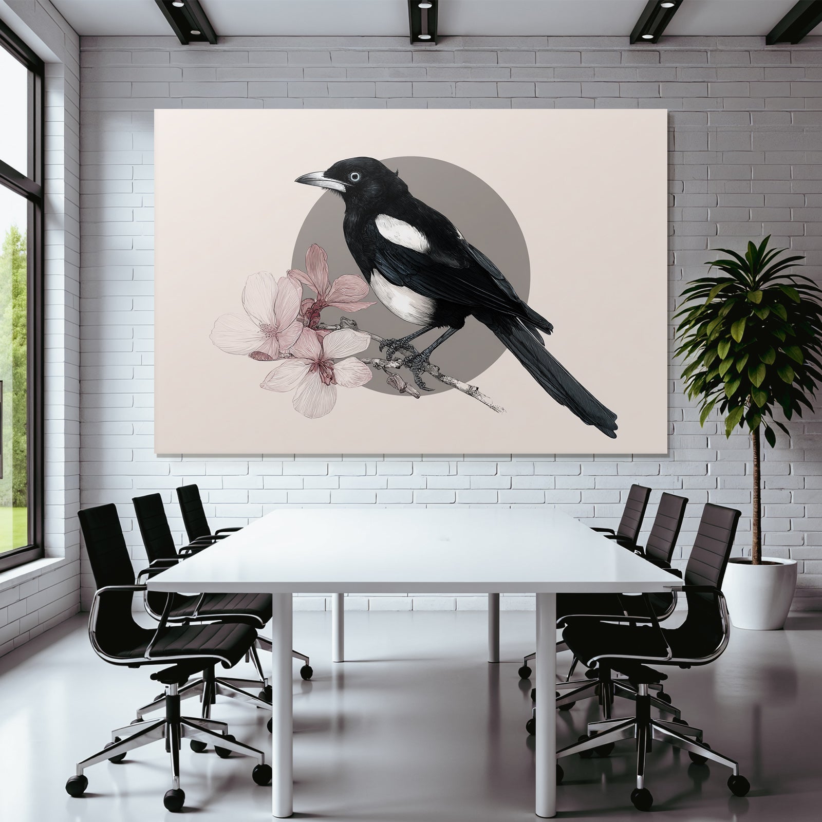 Magpie Auf Einem Ast Mit Rosa Blumen Im Hintergrund