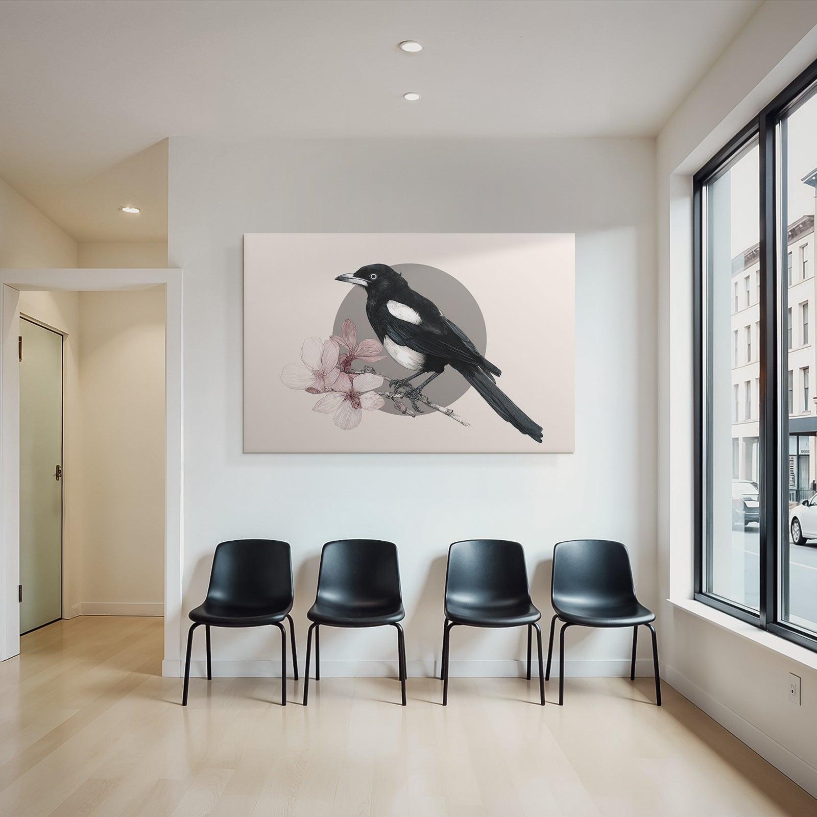 Magpie Auf Einem Ast Mit Rosa Blumen Im Hintergrund