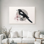 Magpie Auf Einem Ast Mit Rosa Blumen Im Hintergrund