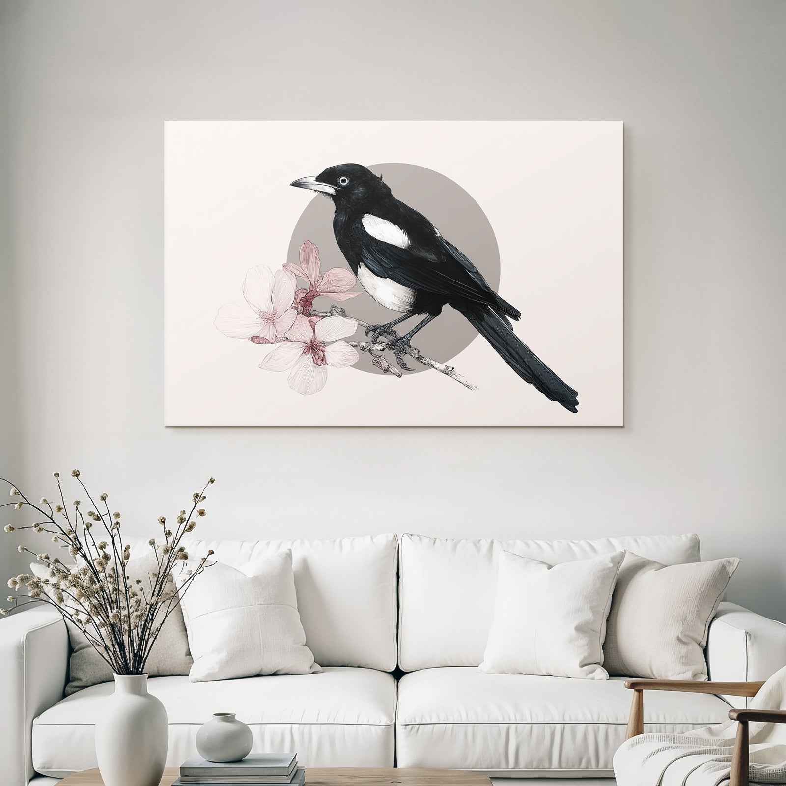Magpie Auf Einem Ast Mit Rosa Blumen Im Hintergrund