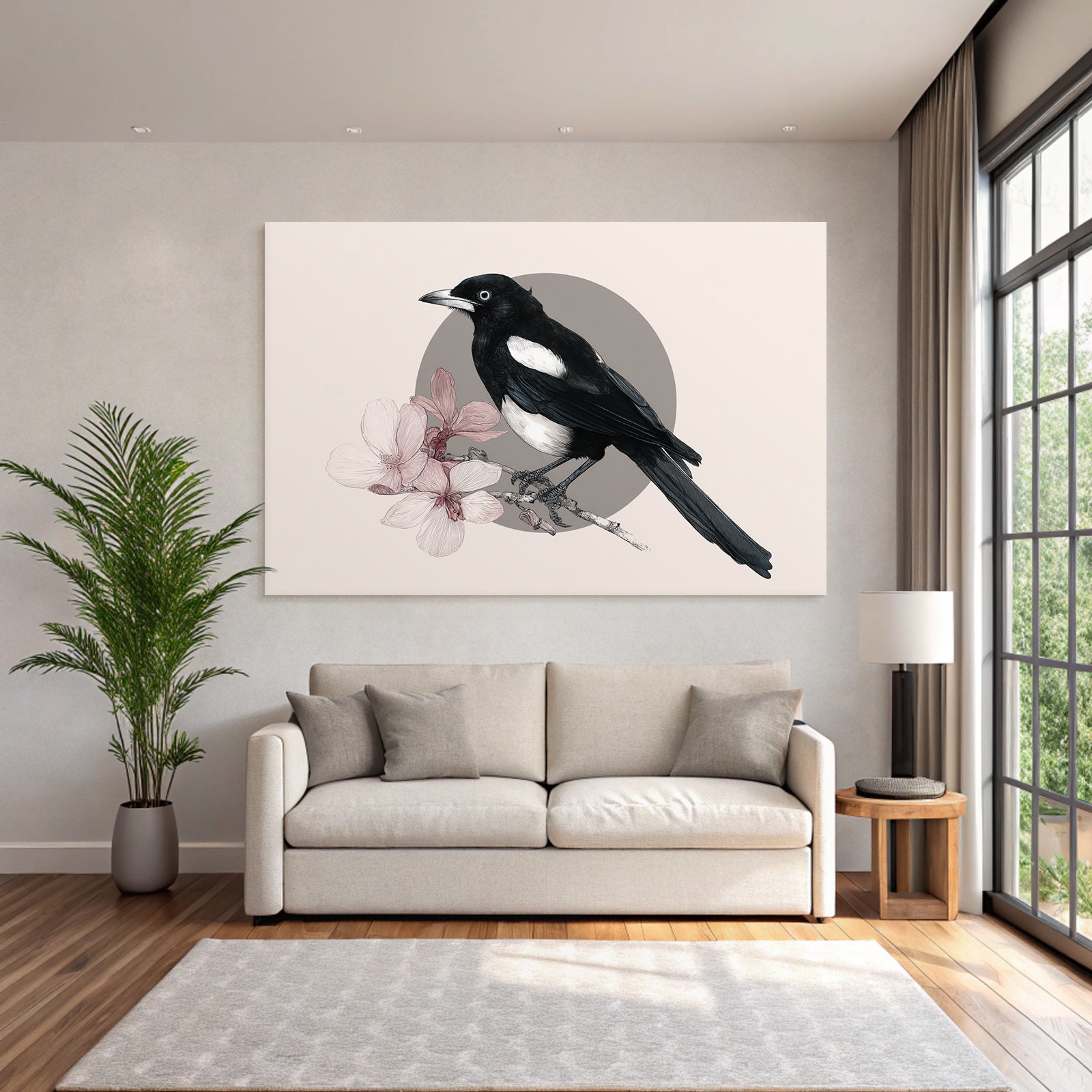 Magpie Auf Einem Ast Mit Rosa Blumen Im Hintergrund
