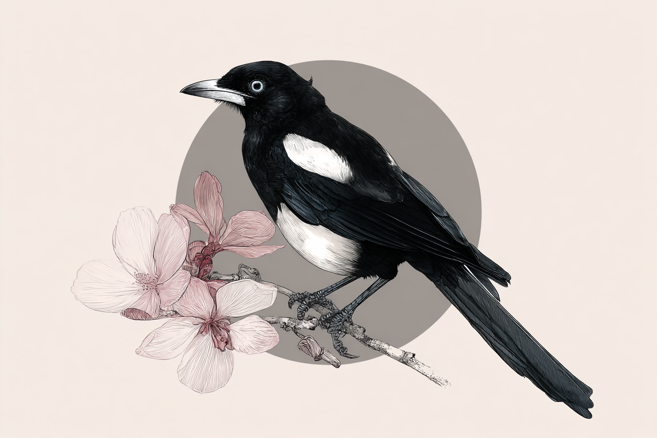 Magpie Auf Einem Ast Mit Rosa Blumen Im Hintergrund | Illustration und Zeichnung | Kunstgattungen