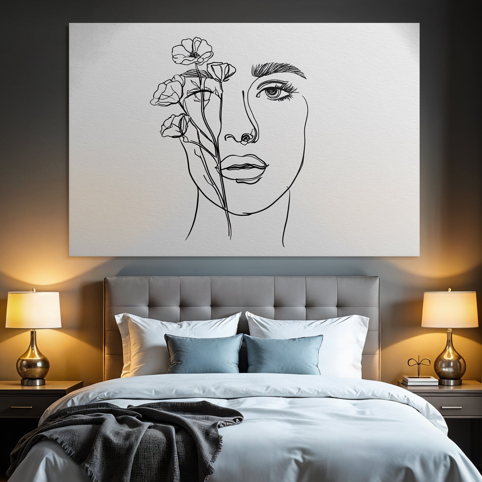 Minimalistische Linienzeichnung Von Fraünkopf Mit Blumen