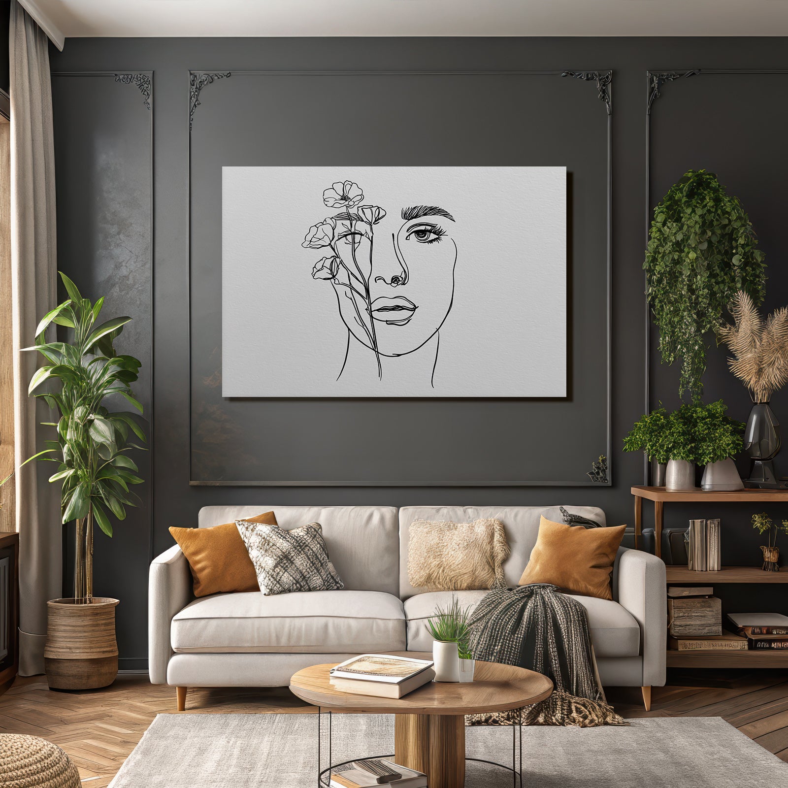 Minimalistische Linienzeichnung Von Fraünkopf Mit Blumen