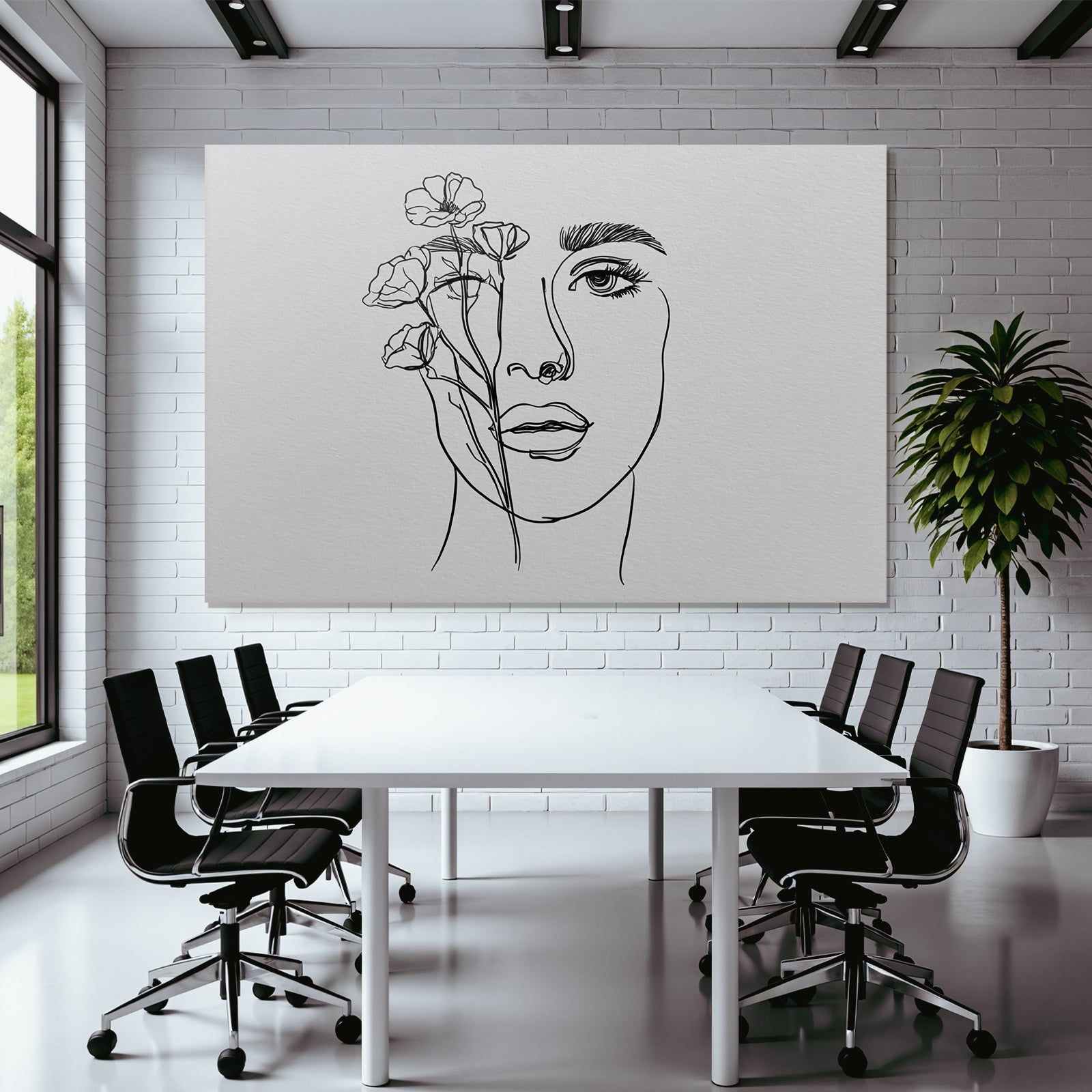 Minimalistische Linienzeichnung Von Fraünkopf Mit Blumen