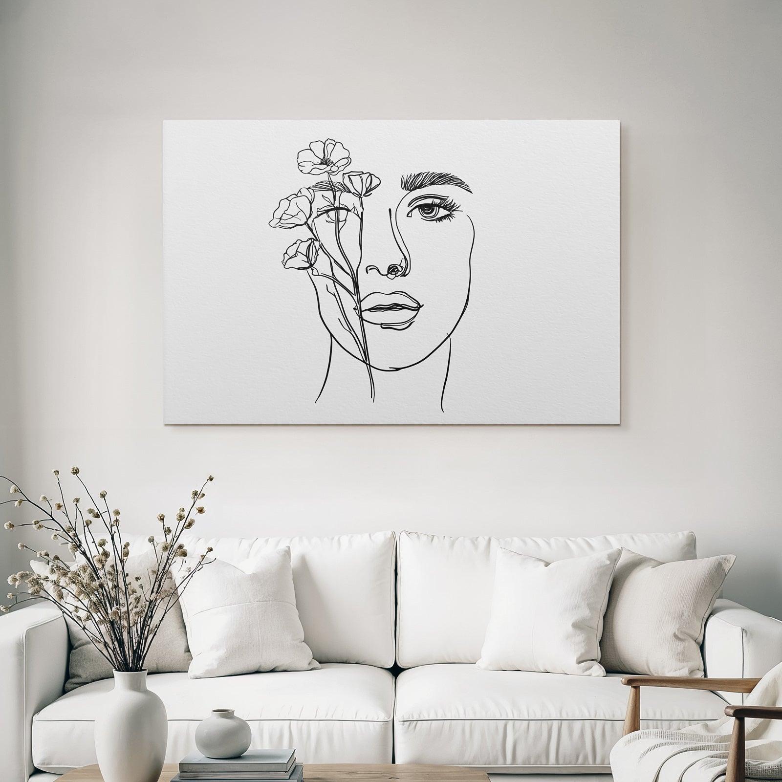 Minimalistische Linienzeichnung Von Fraünkopf Mit Blumen