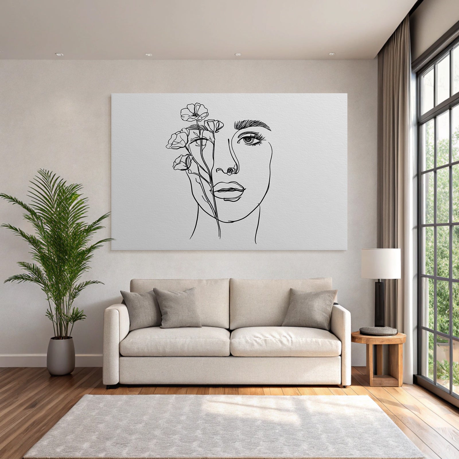 Minimalistische Linienzeichnung Von Fraünkopf Mit Blumen