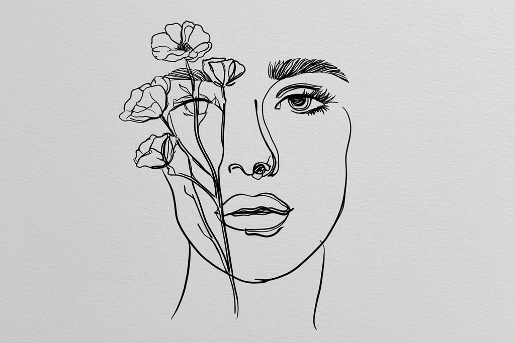 Minimalistische Linienzeichnung Von Fraünkopf Mit Blumen | Illustration und Zeichnung | Kunstgattungen