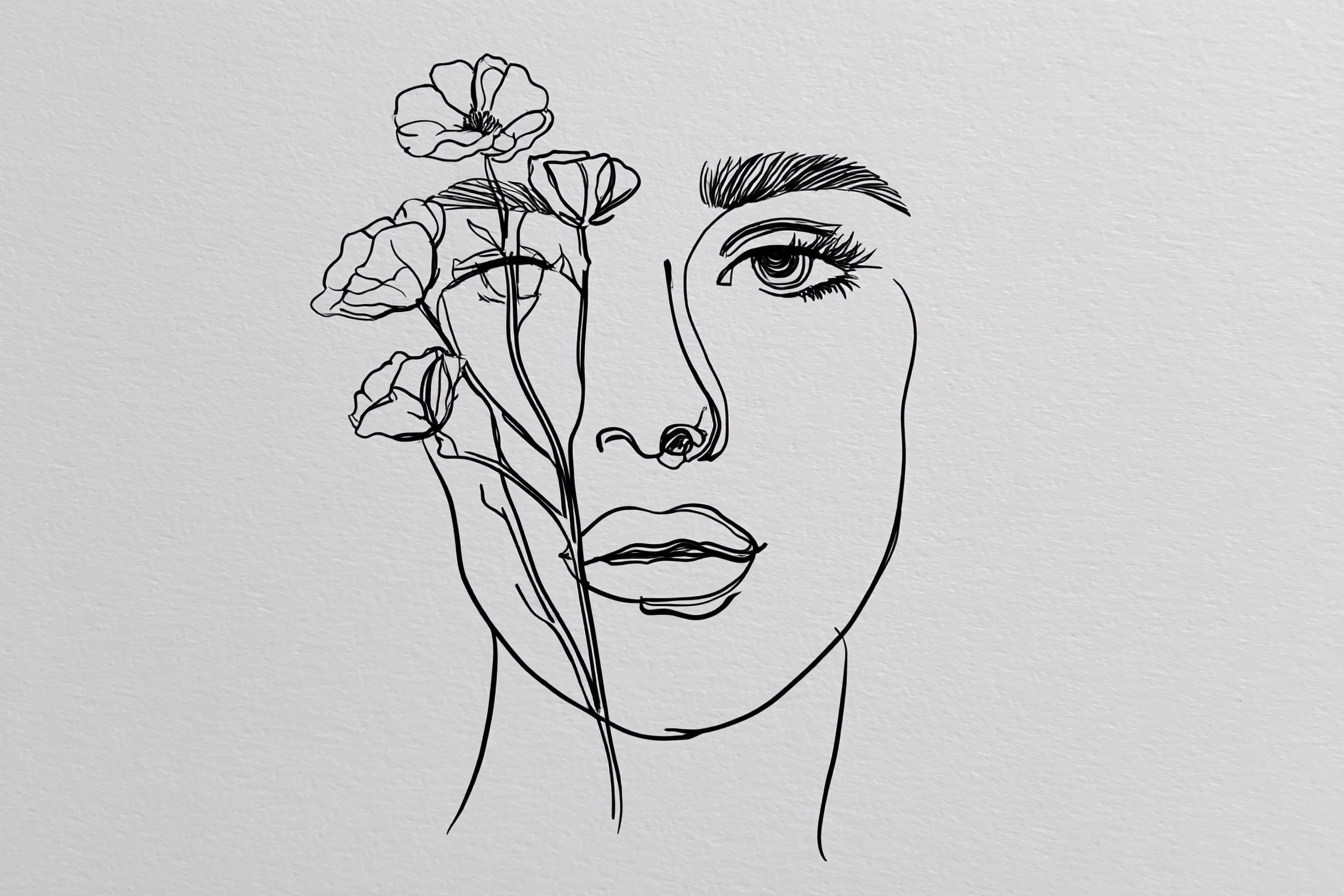 Minimalistische Linienzeichnung Von Fraünkopf Mit Blumen | Illustration und Zeichnung | Kunstgattungen