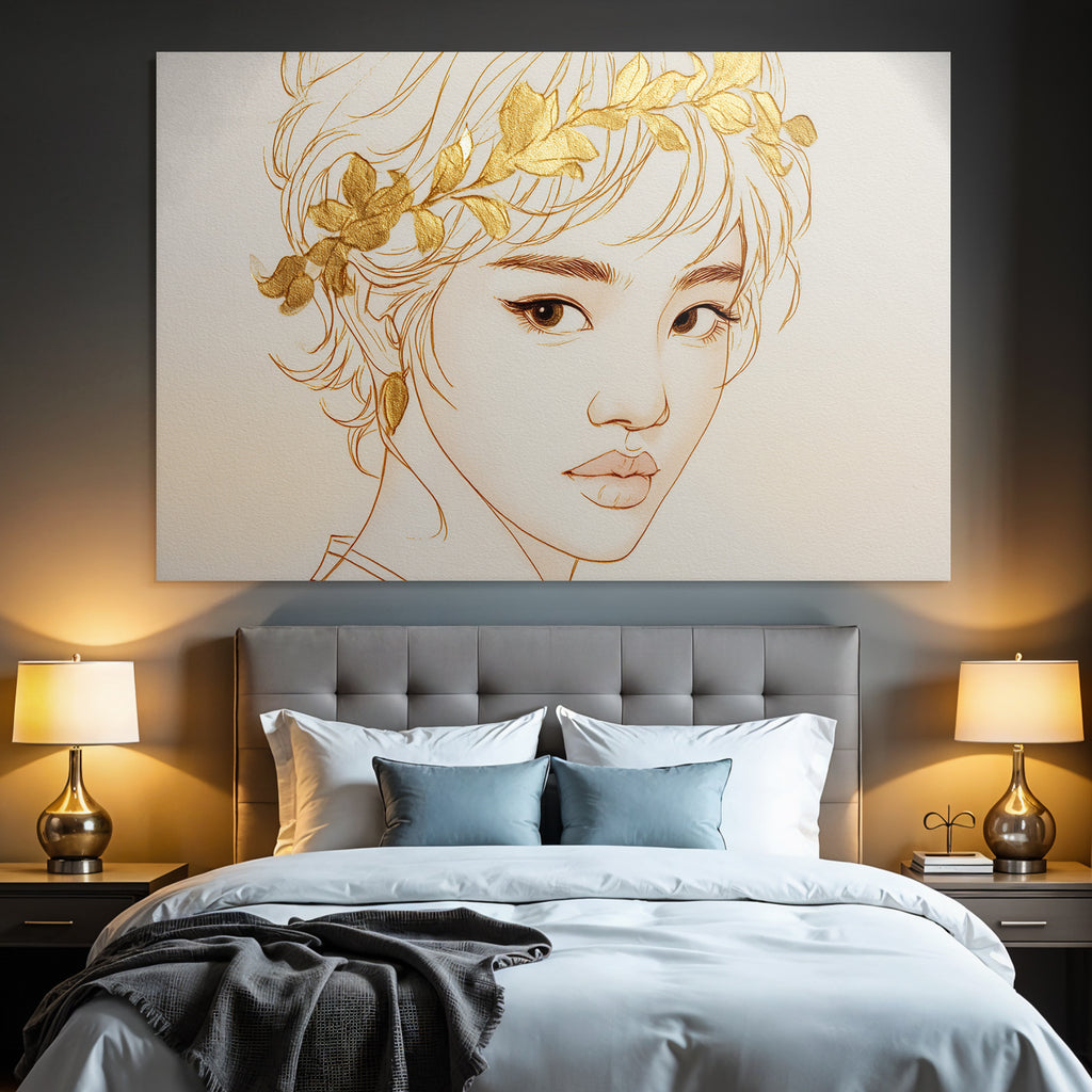 Person Mit Blumenkranz Moderne Linienkunst Goldakzente