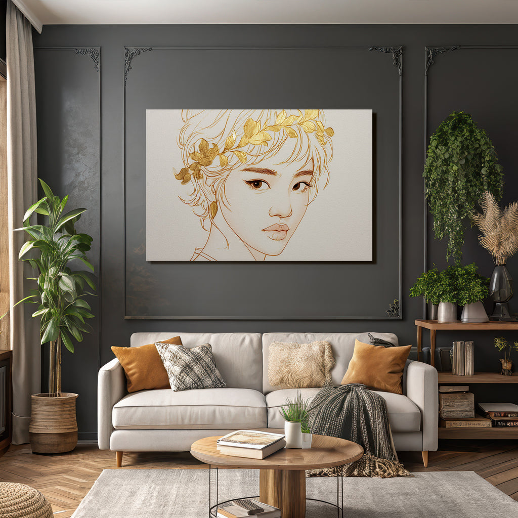Person Mit Blumenkranz Moderne Linienkunst Goldakzente