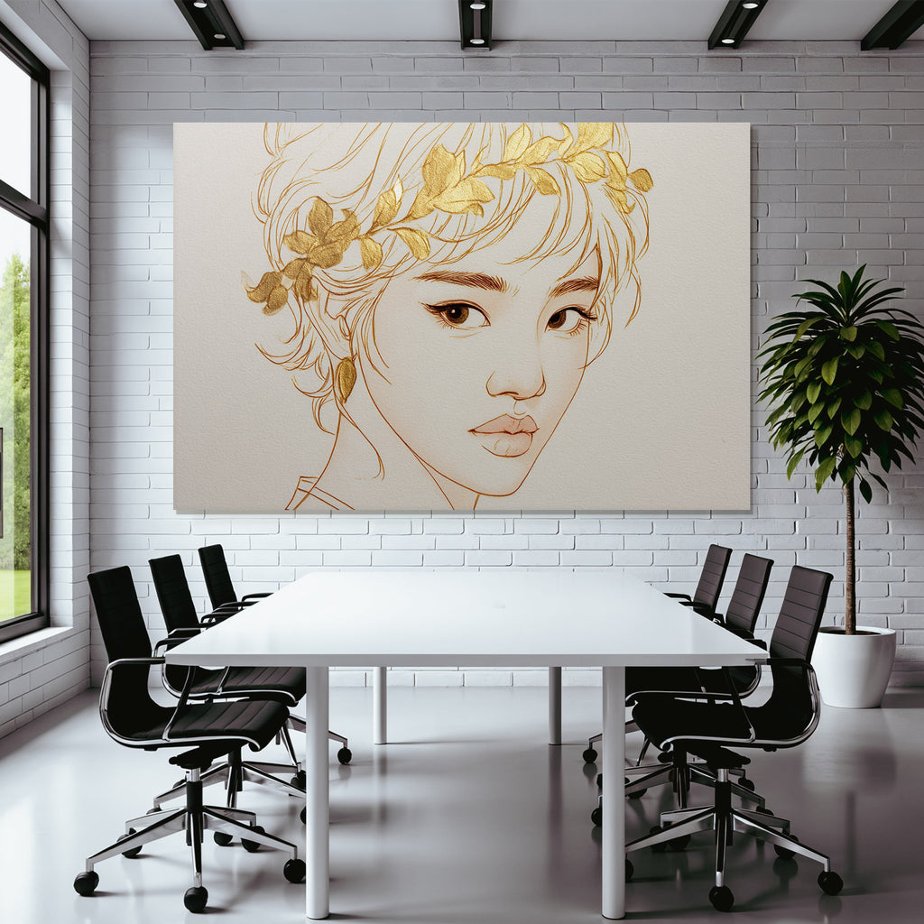 Person Mit Blumenkranz Moderne Linienkunst Goldakzente