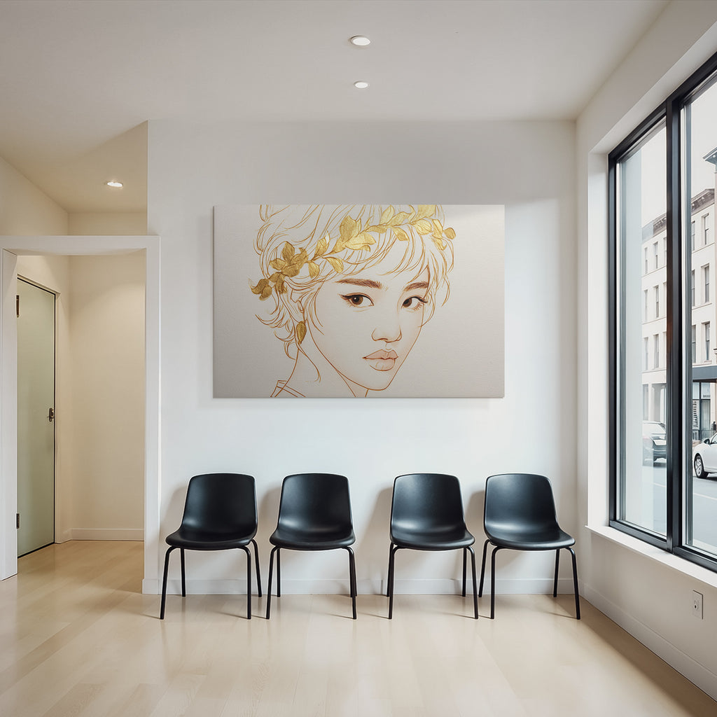 Person Mit Blumenkranz Moderne Linienkunst Goldakzente