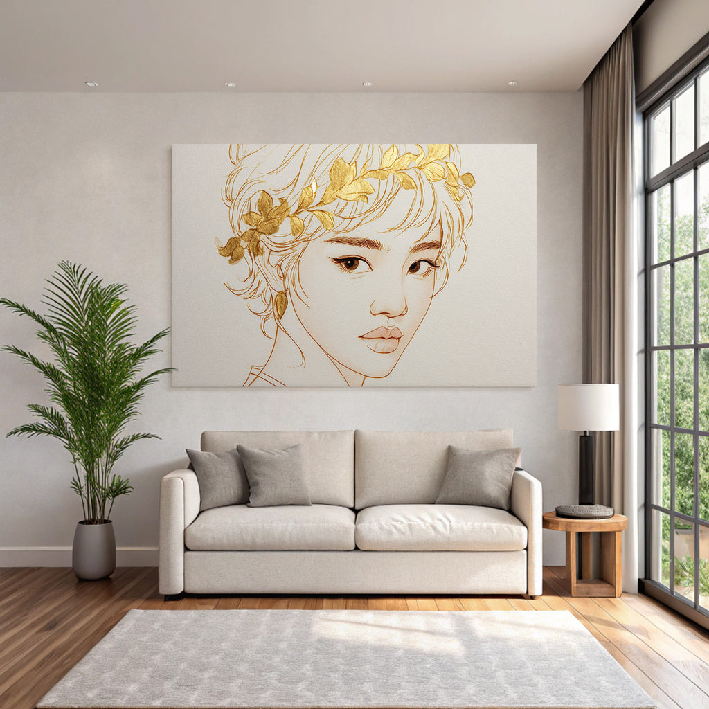 Person Mit Blumenkranz Moderne Linienkunst Goldakzente