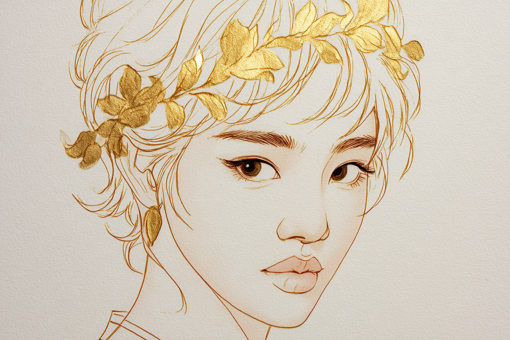 Person Mit Blumenkranz Moderne Linienkunst Goldakzente | Illustration und Zeichnung | Kunstgattungen