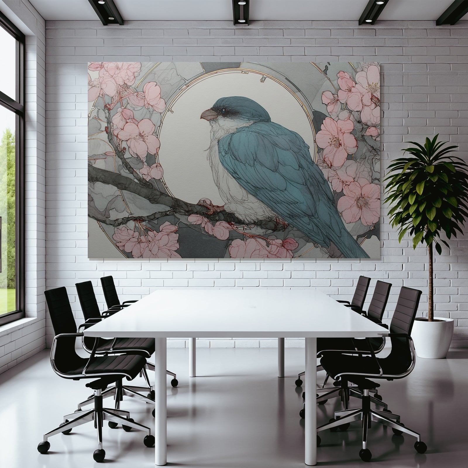 Vogel Auf Einem Halm Umgeben Von Rosetten Blüten Mit Kreis Hintergrund