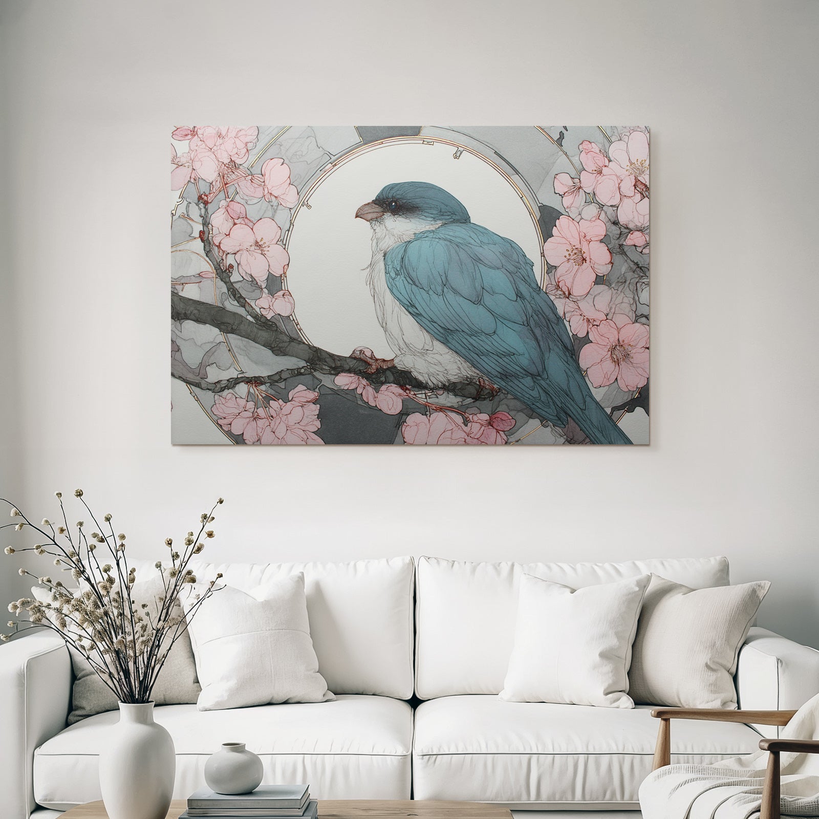 Vogel Auf Einem Halm Umgeben Von Rosetten Blüten Mit Kreis Hintergrund