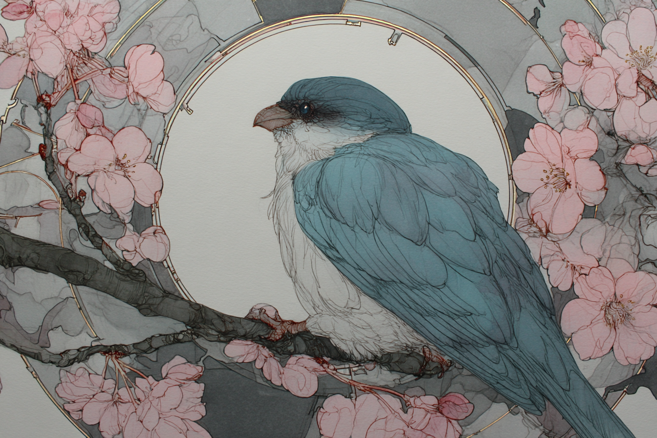 Vogel Auf Einem Halm Umgeben Von Rosetten Blüten Mit Kreis Hintergrund | Illustration und Zeichnung | Kunstgattungen