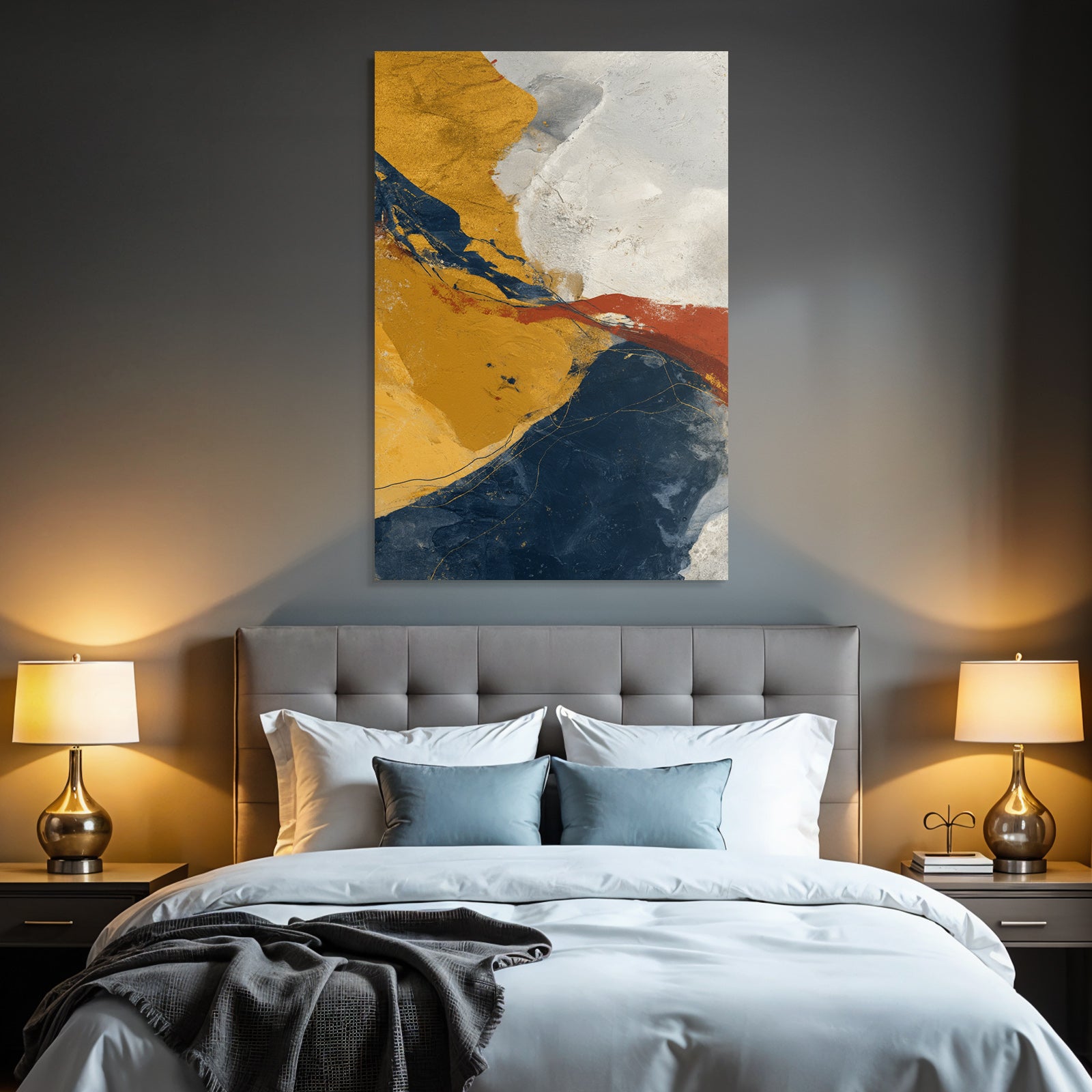 Abstract Kunstwerk Farbmix Gold Navyblau Grau Rot