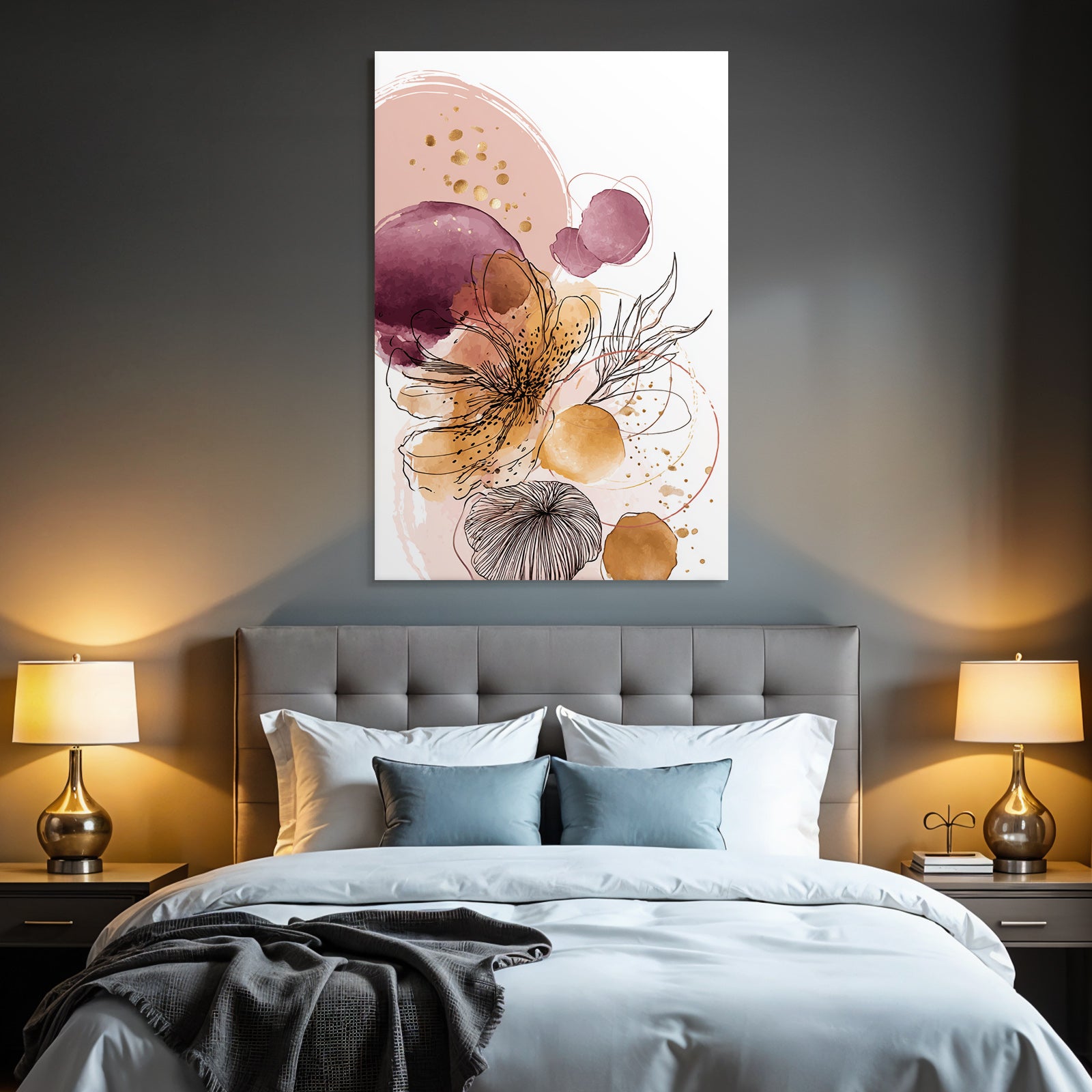 Abstrakte Blumenkunst Mit Waßertfarben Und Schwarzen Linienzeichnungen