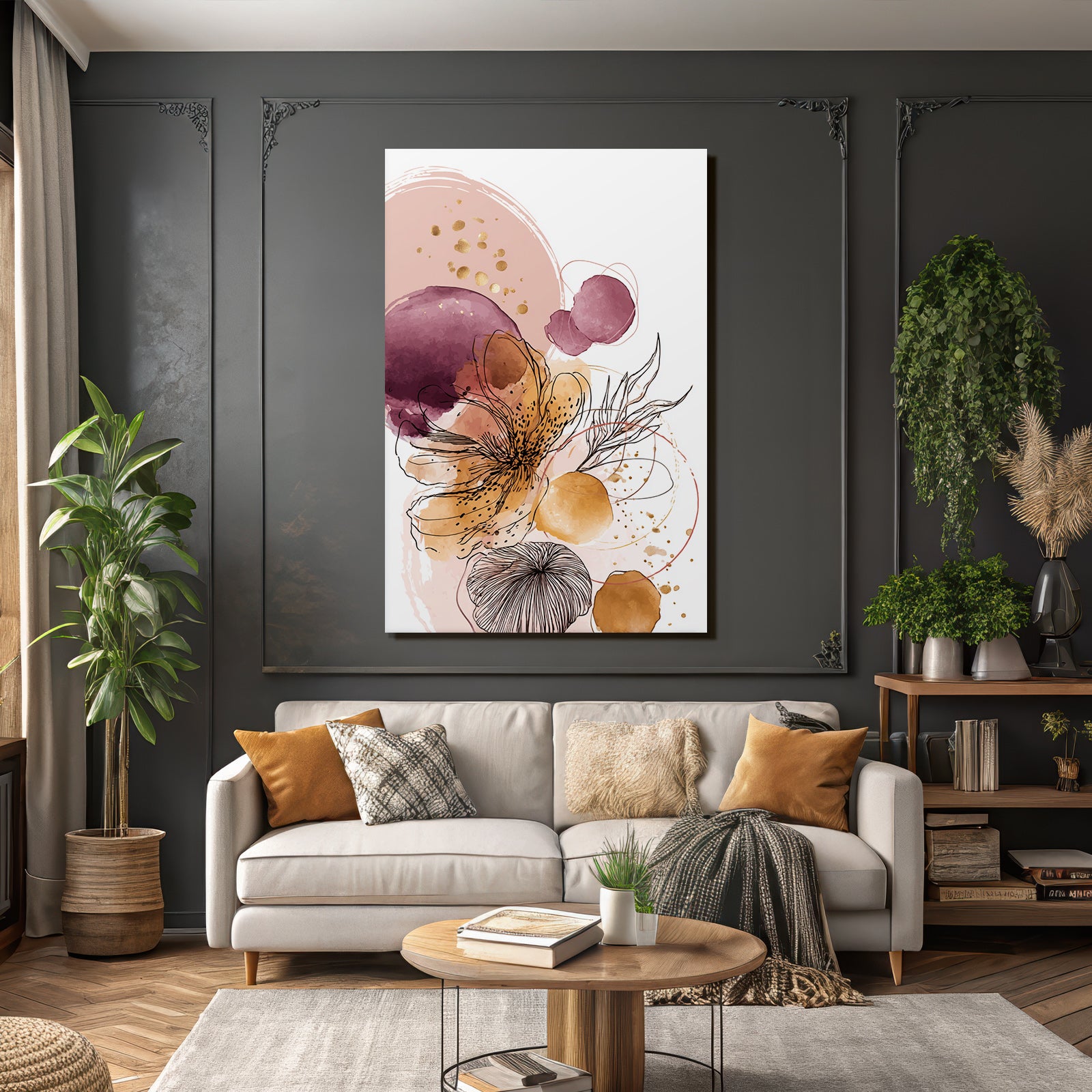 Abstrakte Blumenkunst Mit Waßertfarben Und Schwarzen Linienzeichnungen