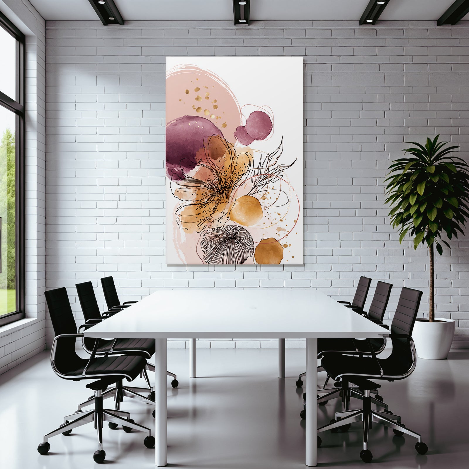 Abstrakte Blumenkunst Mit Waßertfarben Und Schwarzen Linienzeichnungen