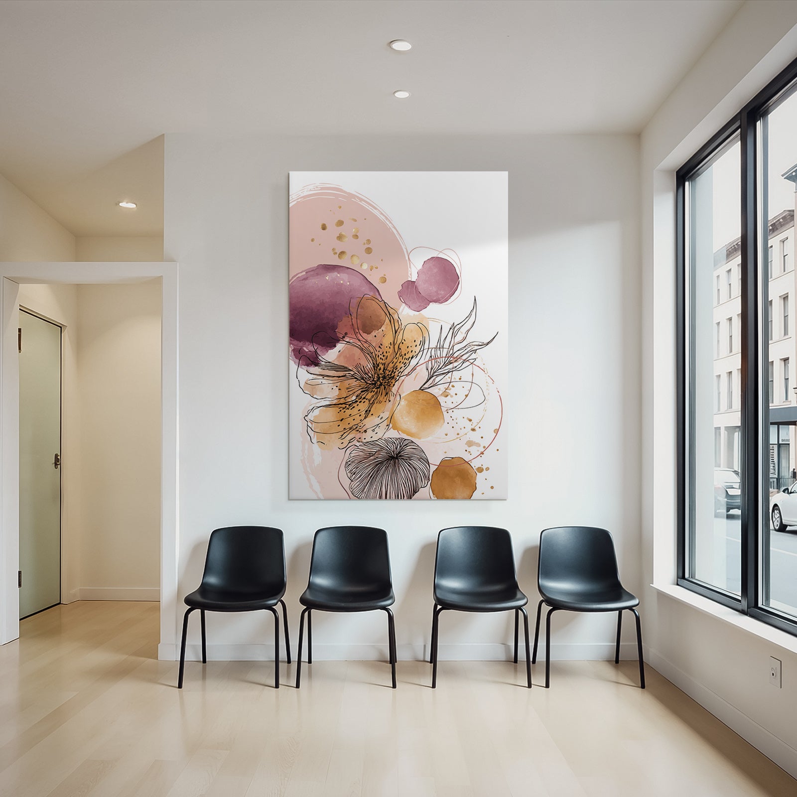 Abstrakte Blumenkunst Mit Waßertfarben Und Schwarzen Linienzeichnungen
