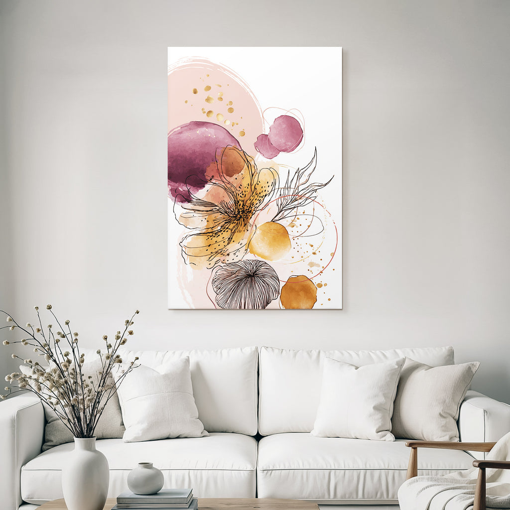 Abstrakte Blumenkunst Mit Waßertfarben Und Schwarzen Linienzeichnungen