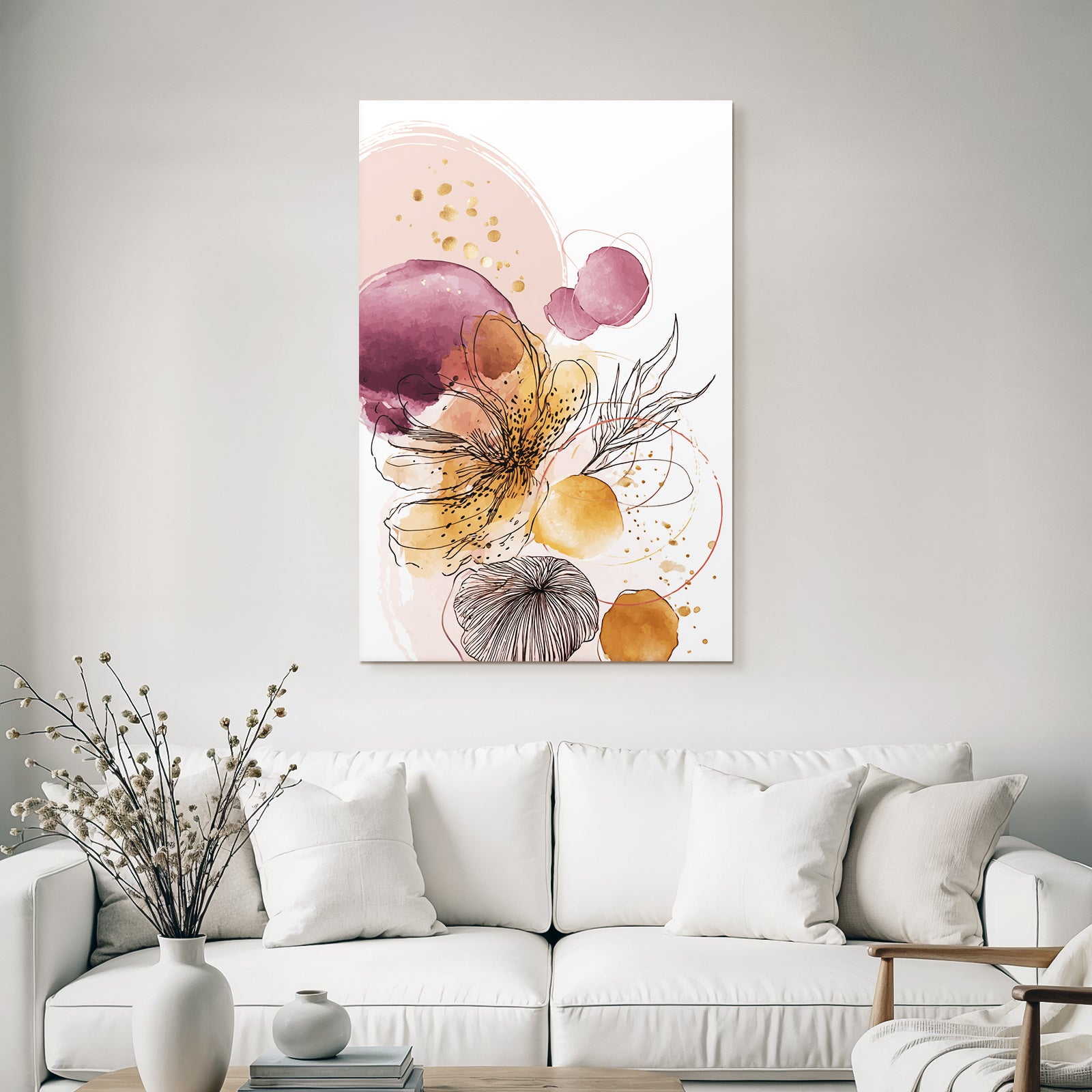 Abstrakte Blumenkunst Mit Waßertfarben Und Schwarzen Linienzeichnungen