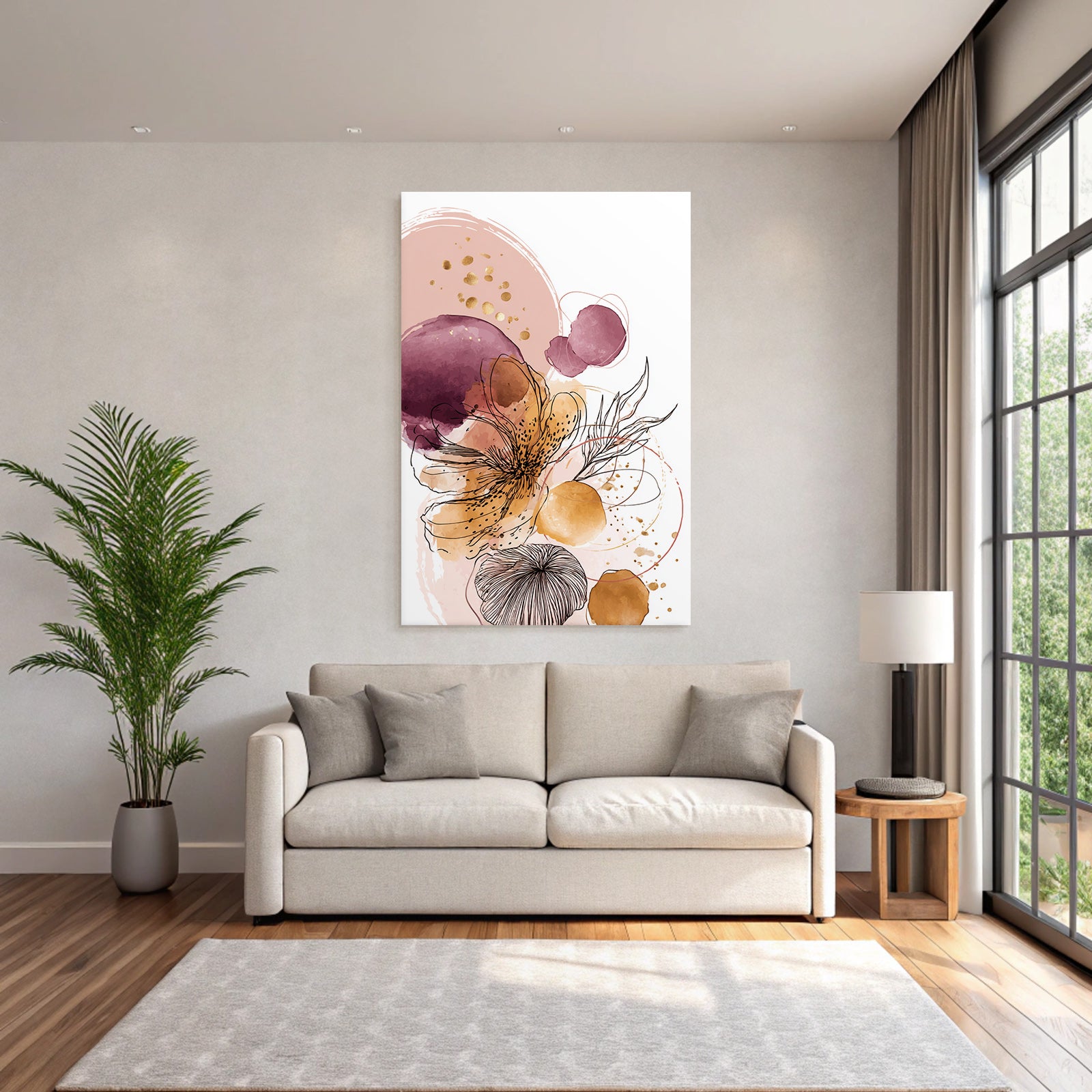 Abstrakte Blumenkunst Mit Waßertfarben Und Schwarzen Linienzeichnungen
