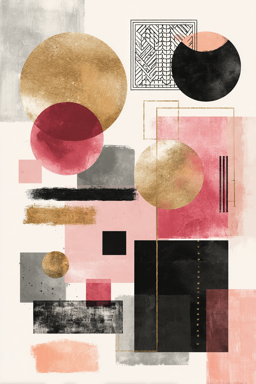 Abstrakte Geometrische Kunstwerke Gold Rot Schwarz Grau Rosa | Kunstdrucke | Kunstgattungen