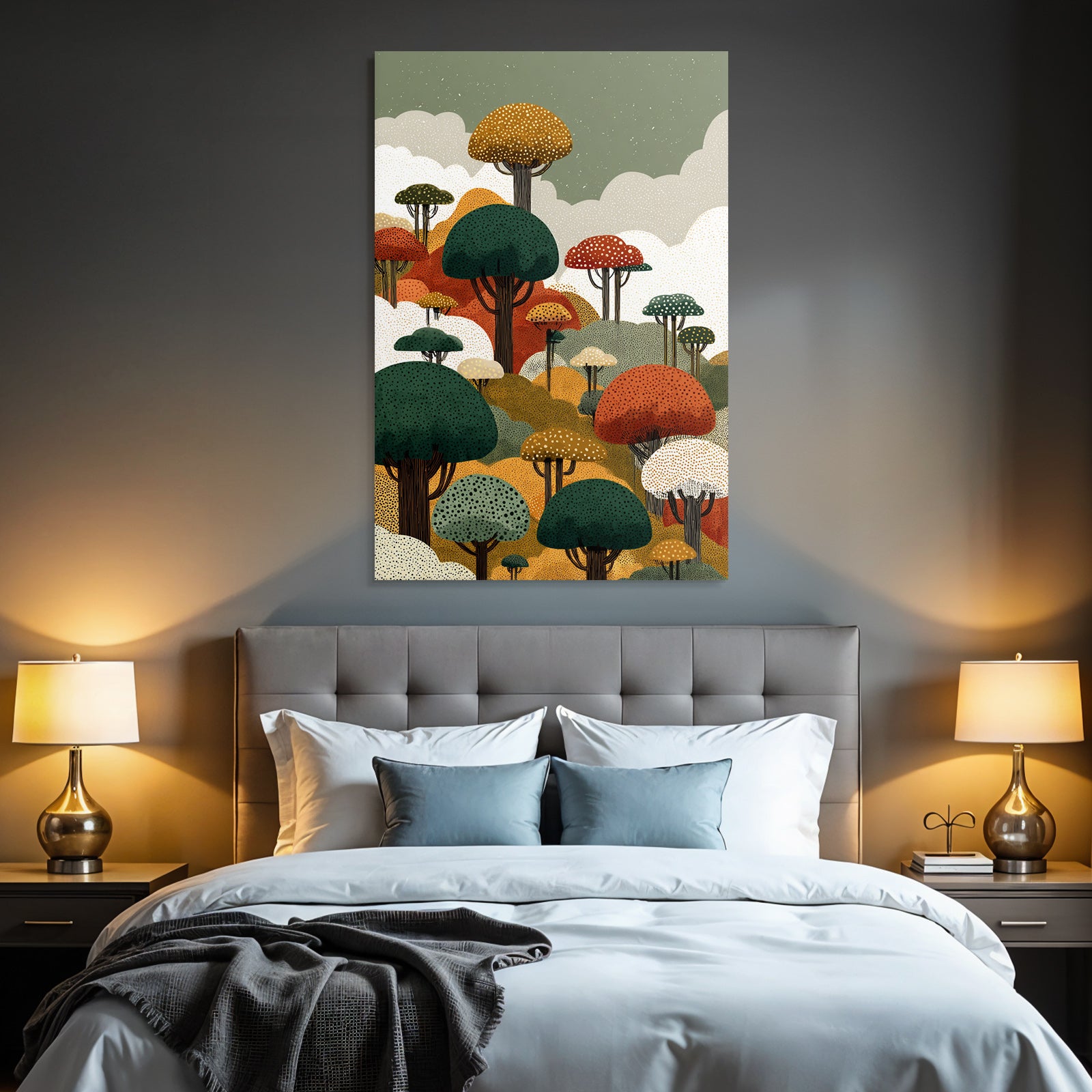 Bunte Waldlandschaft Mit Abstrakten Bäumen Und Wolken