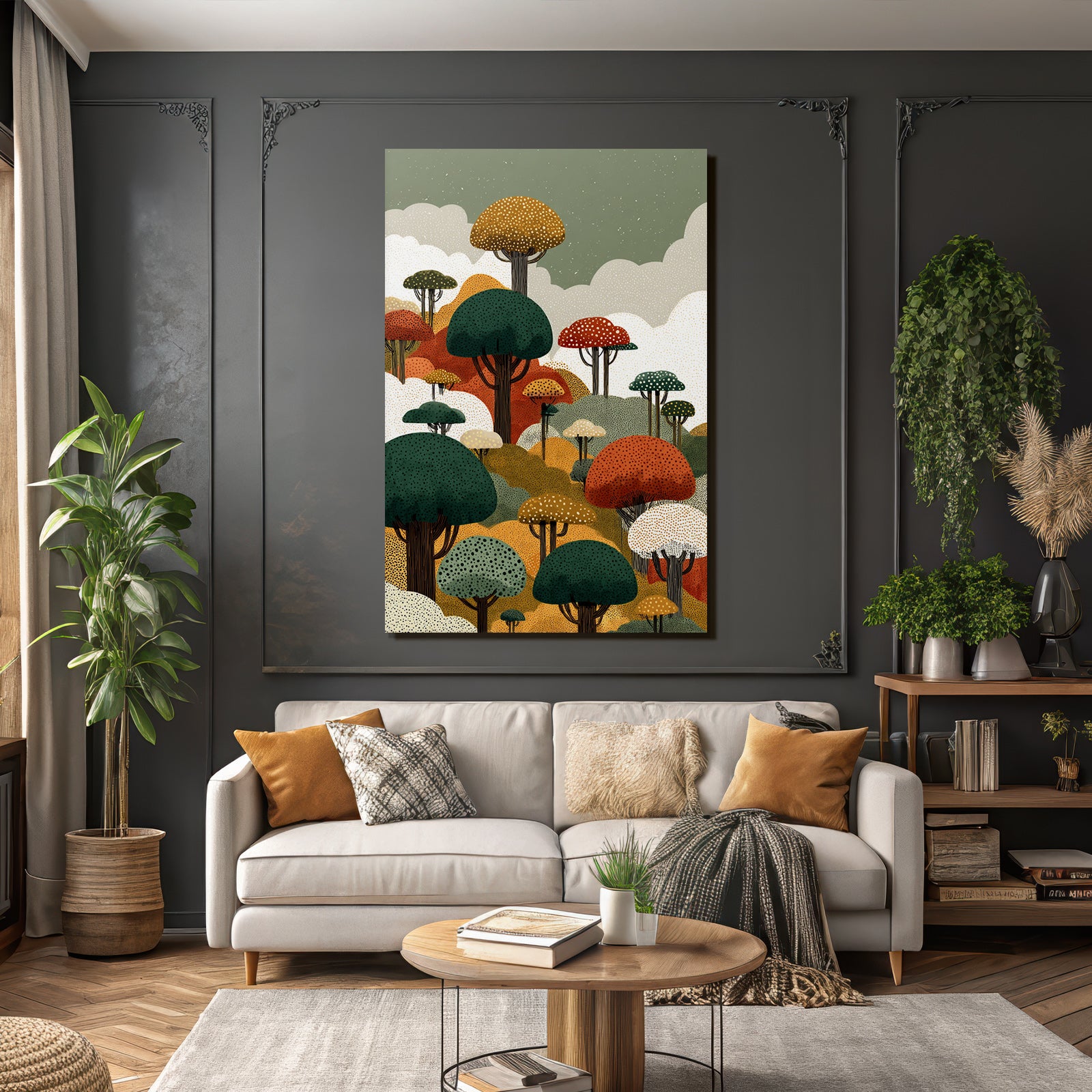 Bunte Waldlandschaft Mit Abstrakten Bäumen Und Wolken