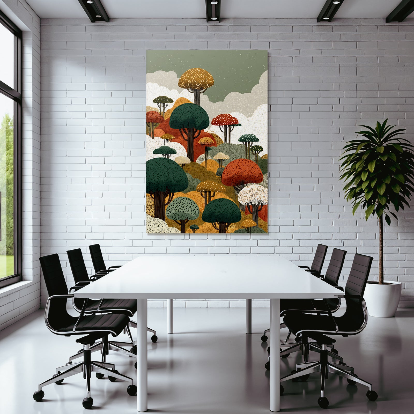 Bunte Waldlandschaft Mit Abstrakten Bäumen Und Wolken