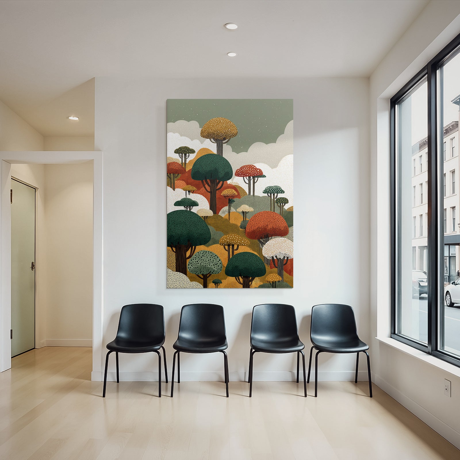 Bunte Waldlandschaft Mit Abstrakten Bäumen Und Wolken