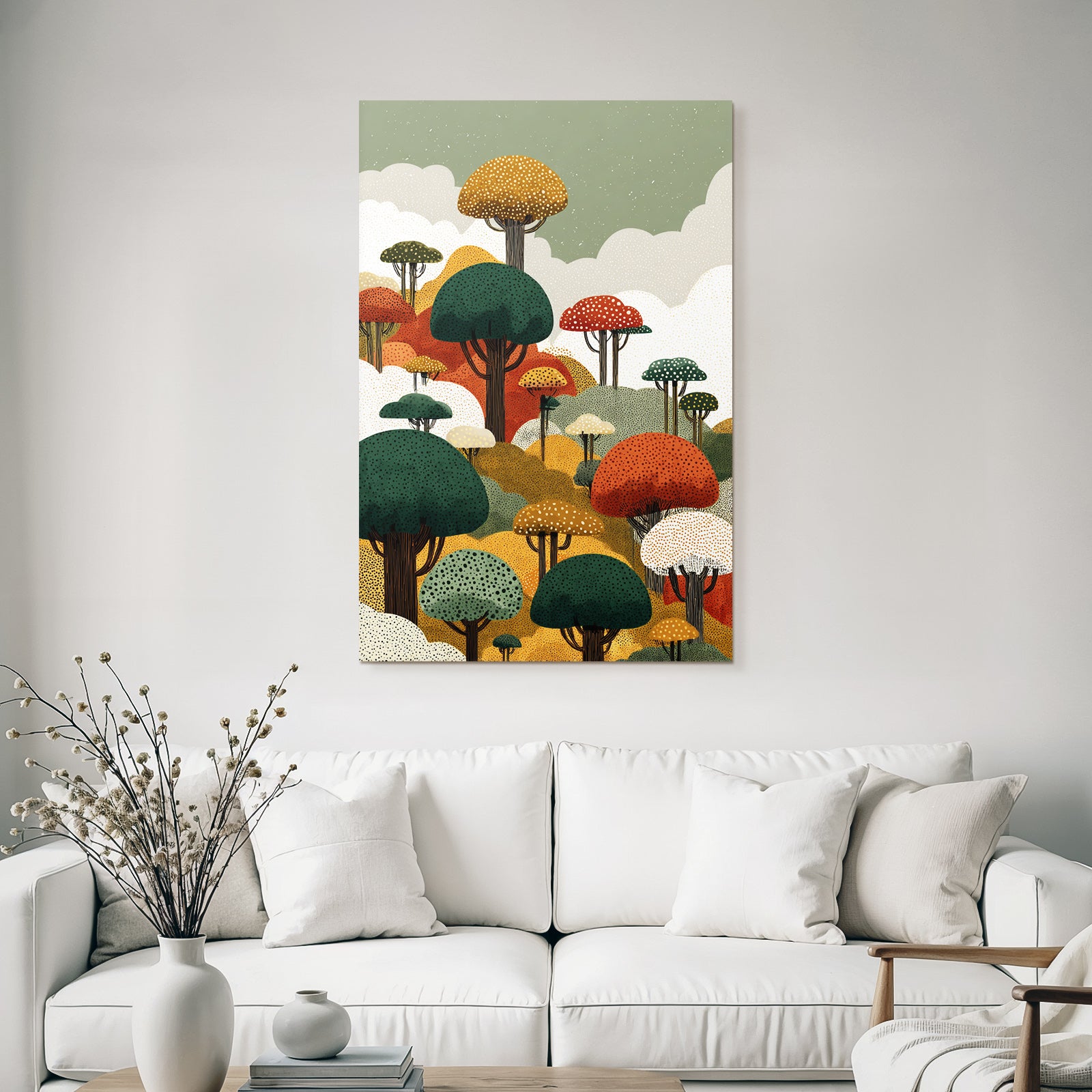 Bunte Waldlandschaft Mit Abstrakten Bäumen Und Wolken
