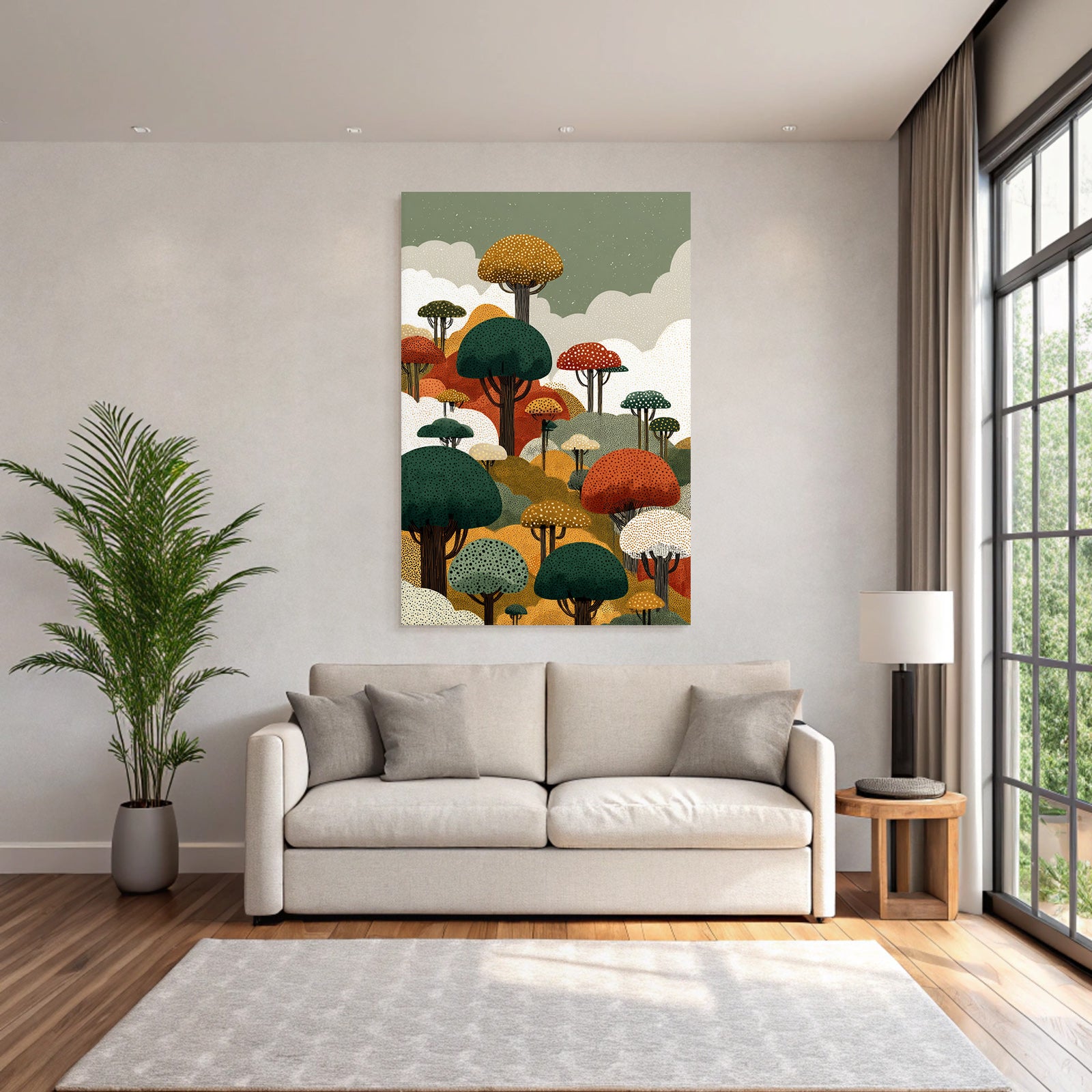 Bunte Waldlandschaft Mit Abstrakten Bäumen Und Wolken