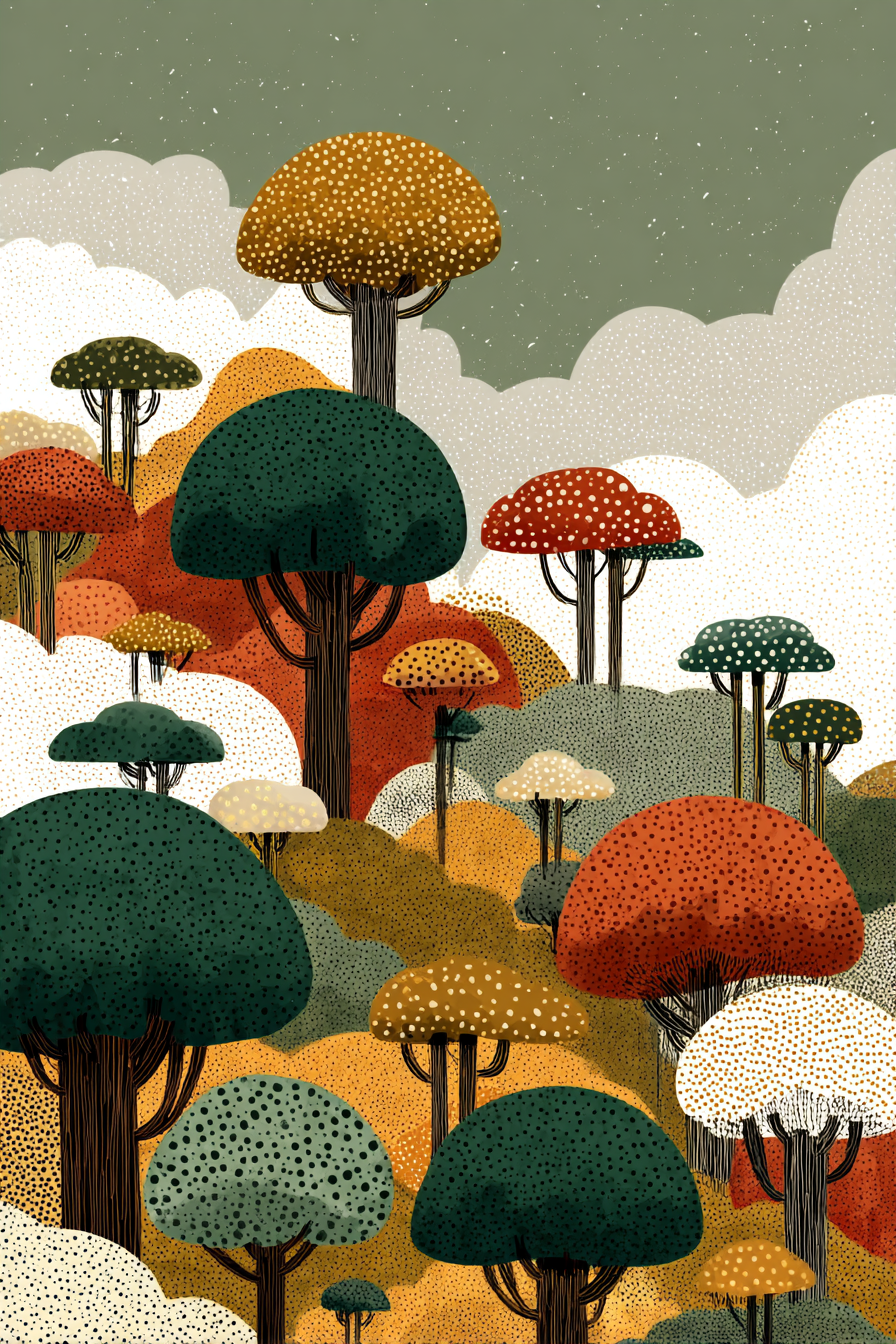 Bunte Waldlandschaft Mit Abstrakten Bäumen Und Wolken | Kunstdrucke | Kunstgattungen