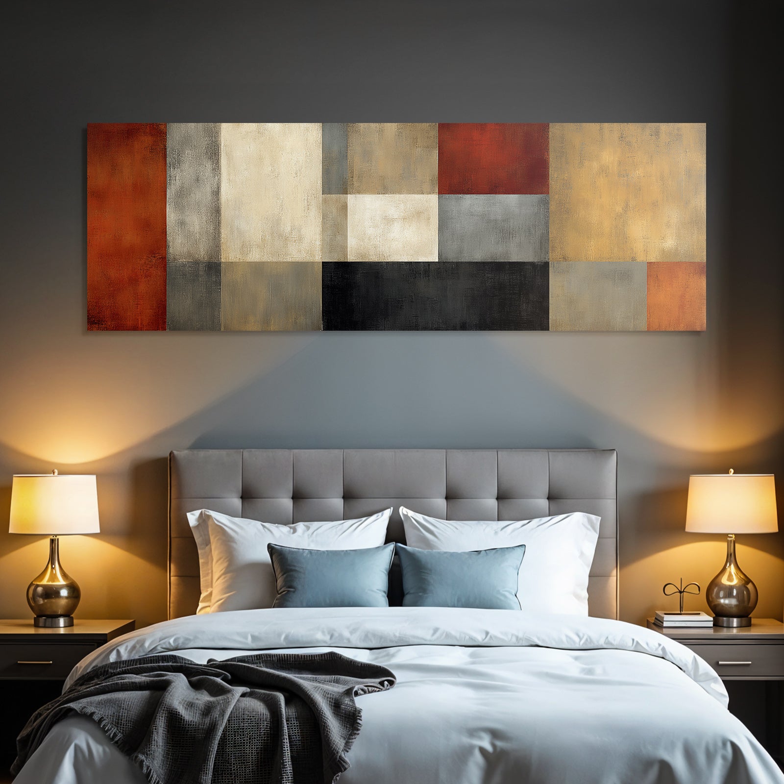 Abstrakte Malerei Geometrische Formen Rot Grau Beige Gold Schwarz