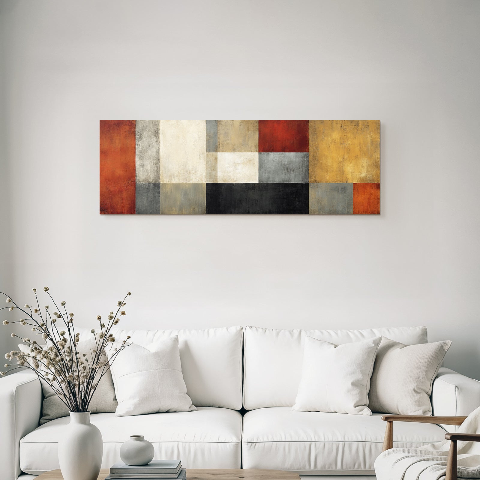 Abstrakte Malerei Geometrische Formen Rot Grau Beige Gold Schwarz